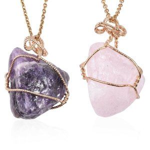 Set of 2 Pendant Necklace Amethyst Rose Quartz
